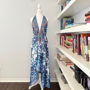 VENUS Blue and White Backless Halter Sundress Large